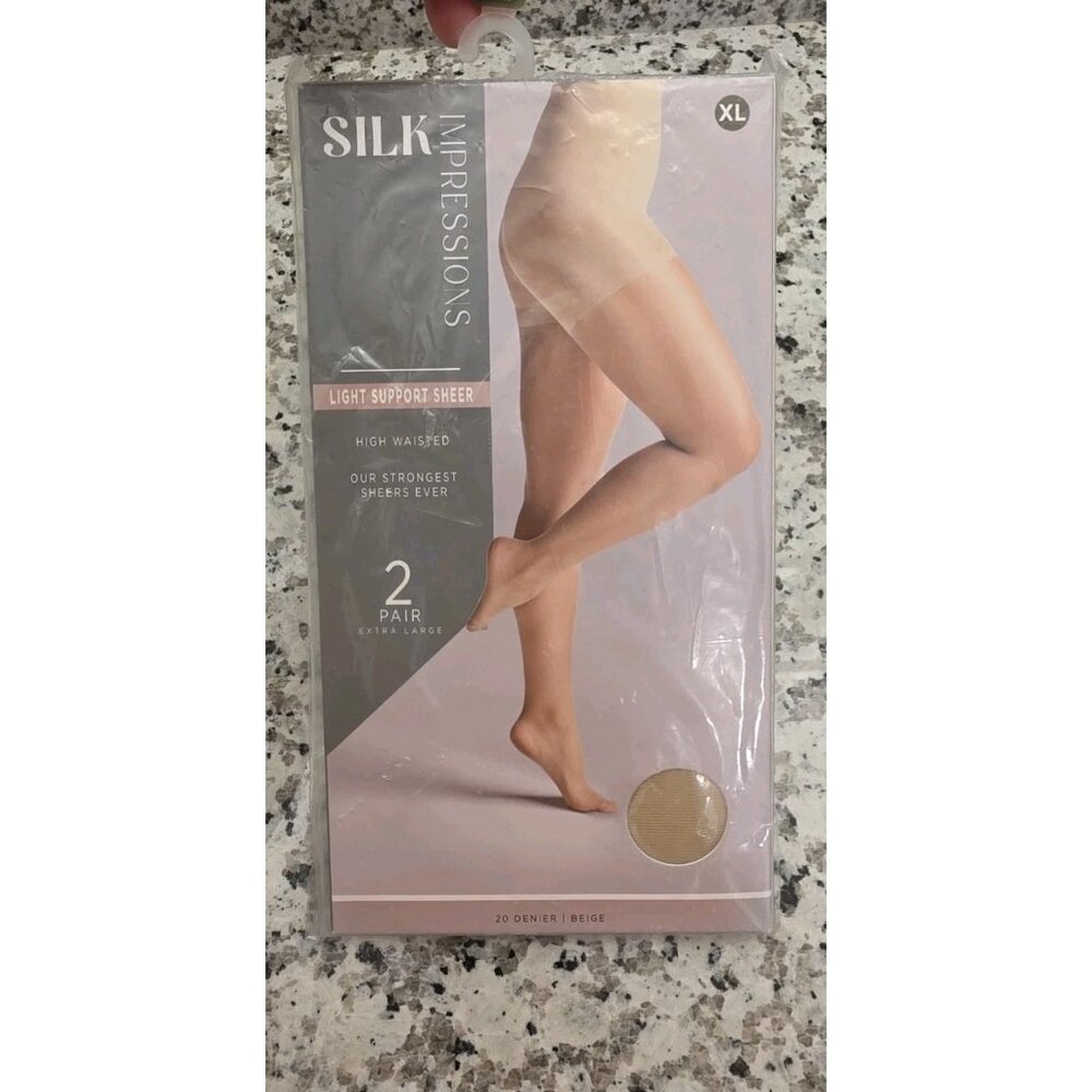 Silk Impressions 2 Pair XL Sheer Pantyhose 20 Denier Beige Light‎ Support